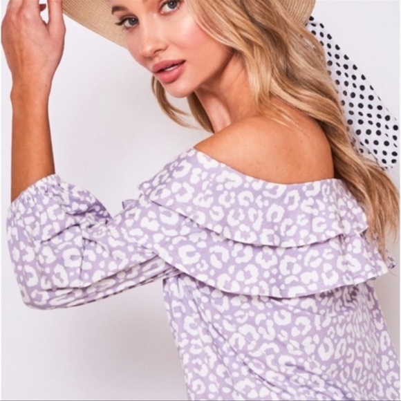 (28)New Lavender White Leopard Print Ruffle Spring Summer Women’s Pretty Top - Picture 3 of 3